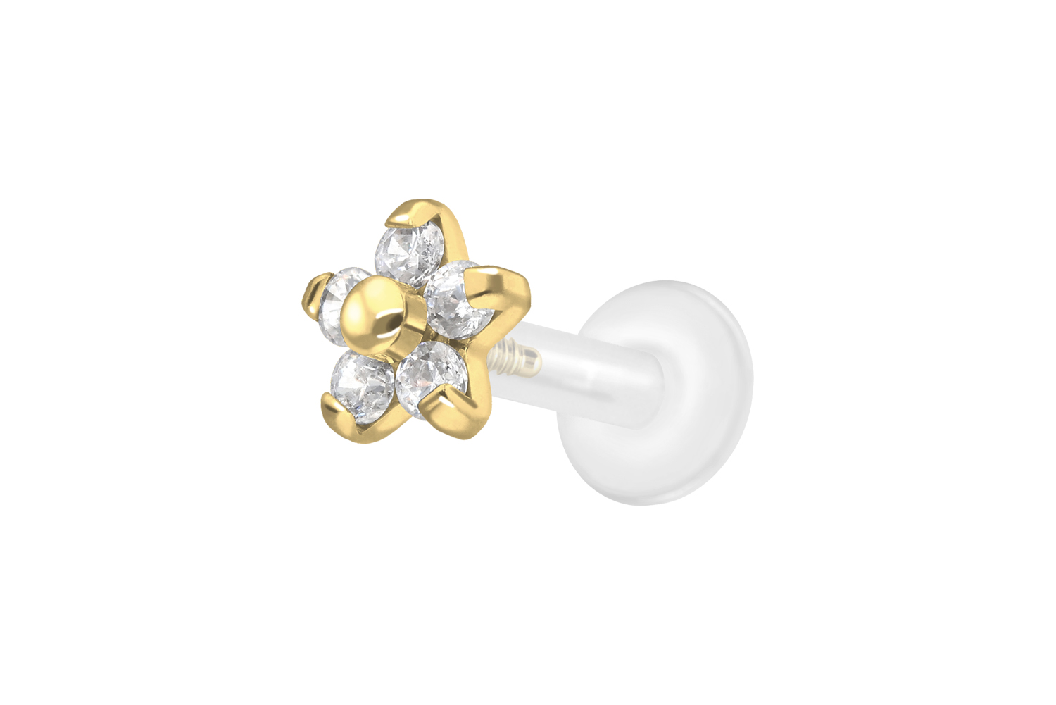 PTFE Labret Piercing mit Innengewinde + Titan-Aufsatz BLUME MIT 5 KRISTALLEN